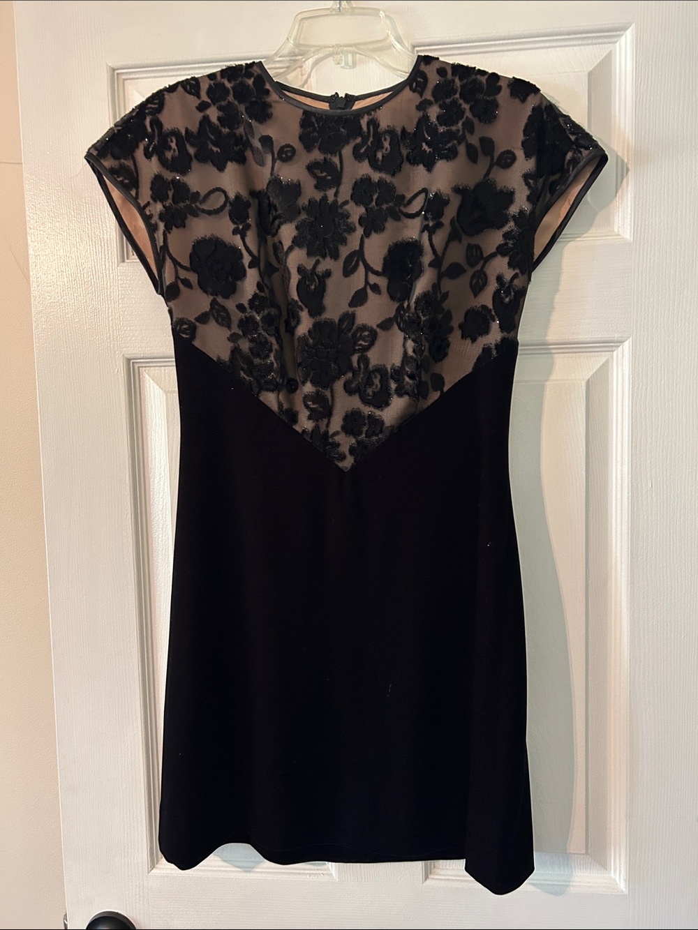 Black Floral Appliqué Mini Dress with Sheer Yoke